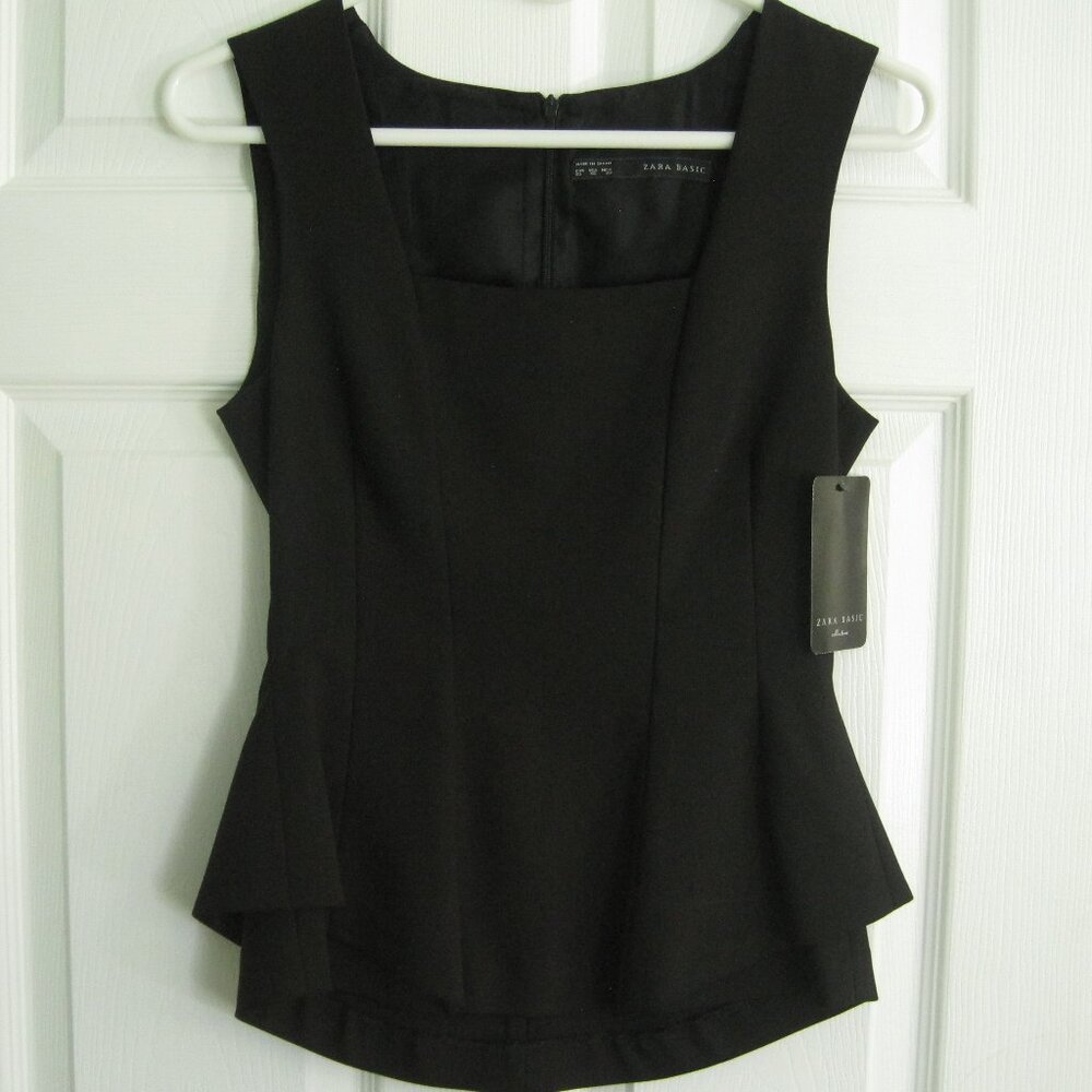 Zara Basic Black Peplum Top Size XS Classic Capsule Work Office Square Neck NWT